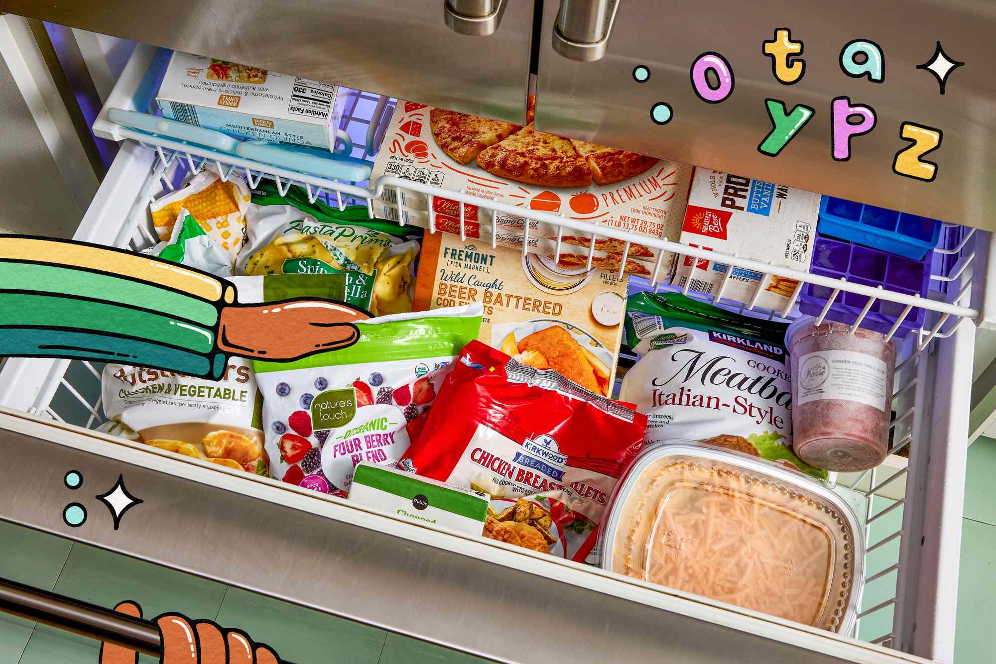 Open freezer drawer filled with various packaged frozen foods