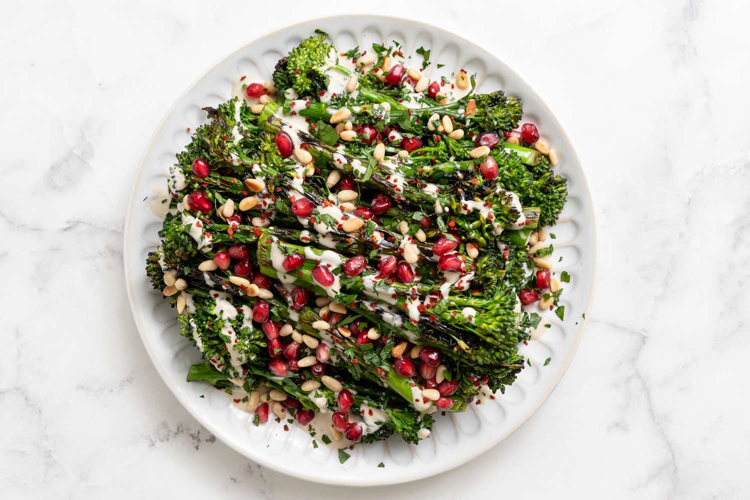 Grilled Broccolini with Lemon Tahini Dressing and Pomegranate Arils