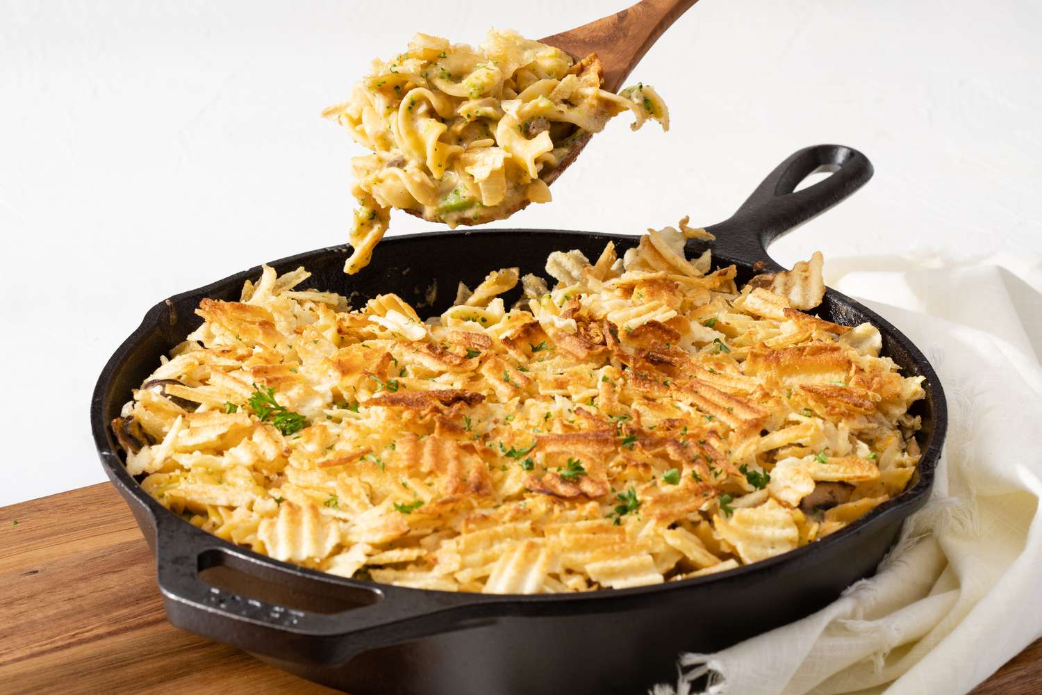 Classic Tuna Noodle Casserole in cast iron skillet