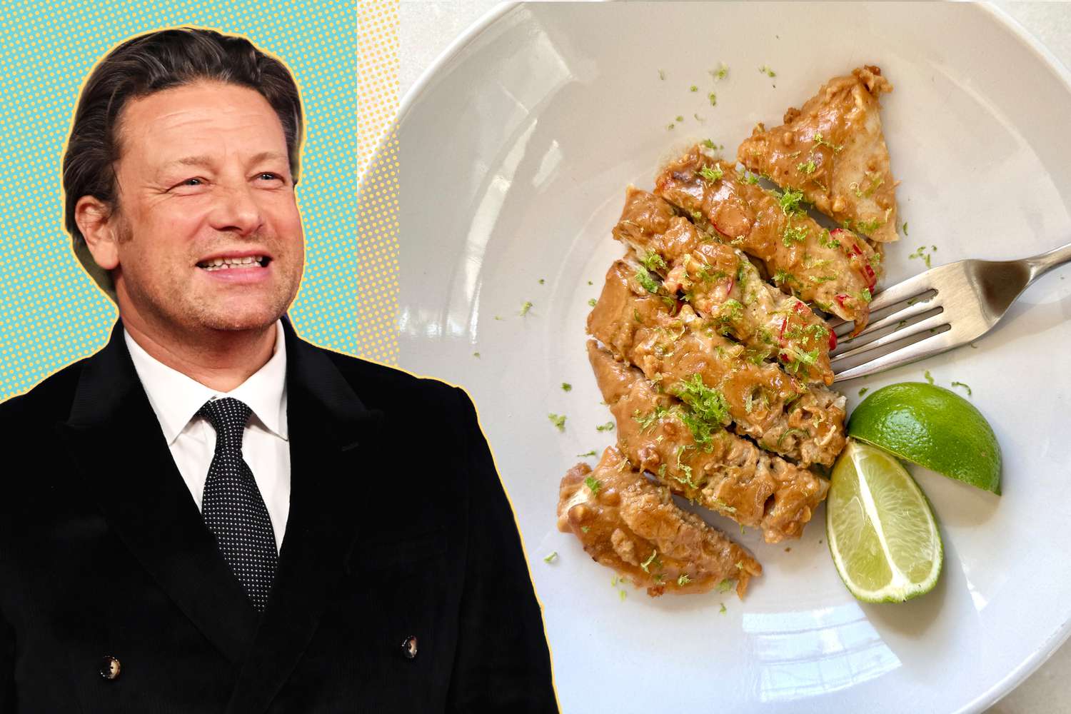 portrait of Jamie Oliver and a photo of Peanut Chicken on a plate