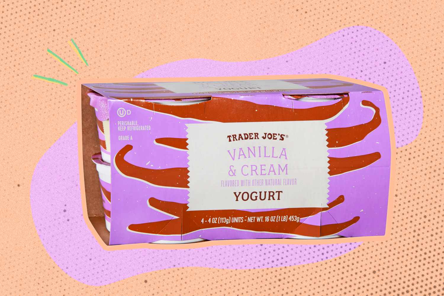 Image of a package of Trader Joe's Vanilla and Cream yogurt on a lavender and orange speckled background