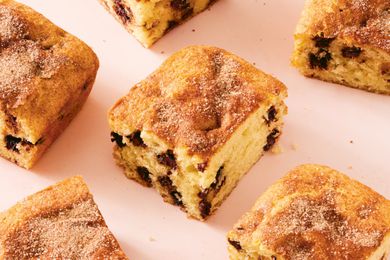 Squares of chocolate chip snickerdoodle cake on a counter