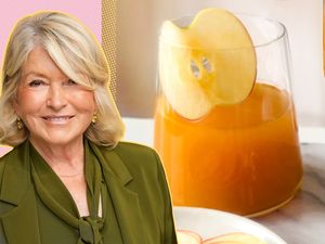 A split image of Martha Stewart and a cocktail garnished with a slice of apple