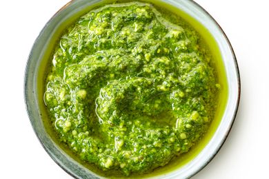 A bowl of pesto sauce
