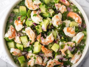 Overhead view of a bowl of a shrimp ceviche recipe.