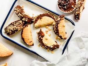 Copycat choco tacos on a tray.