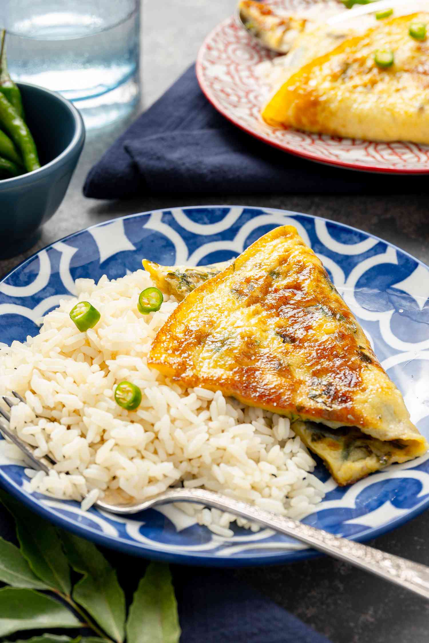 Motta Porrichu (Spicy Coconut Ginger Omelette) with Rice and Peppers