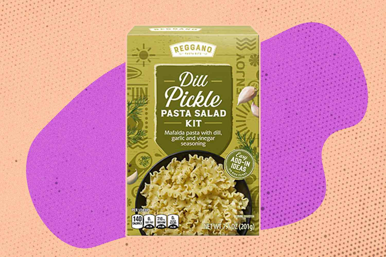 Dill pickle pasta salad kit packaging against a colorful background