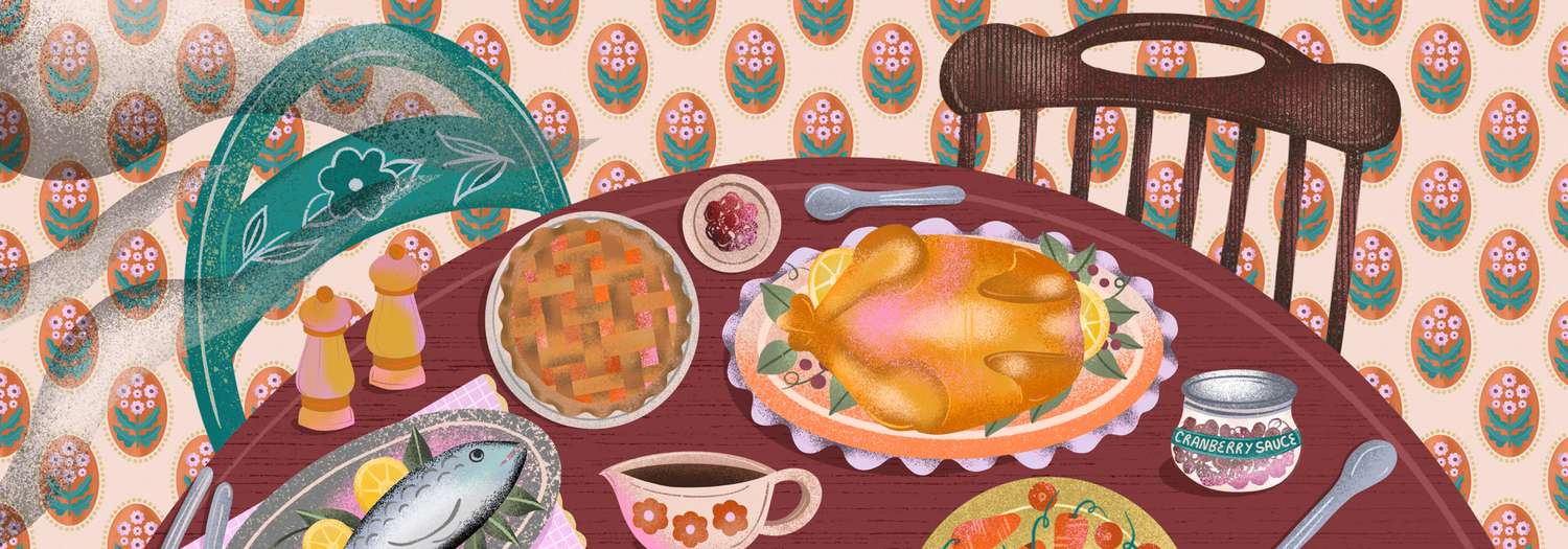 Illustration of a Thanksgiving table, including a plattered turkey, a whole fish, and a latticed pie