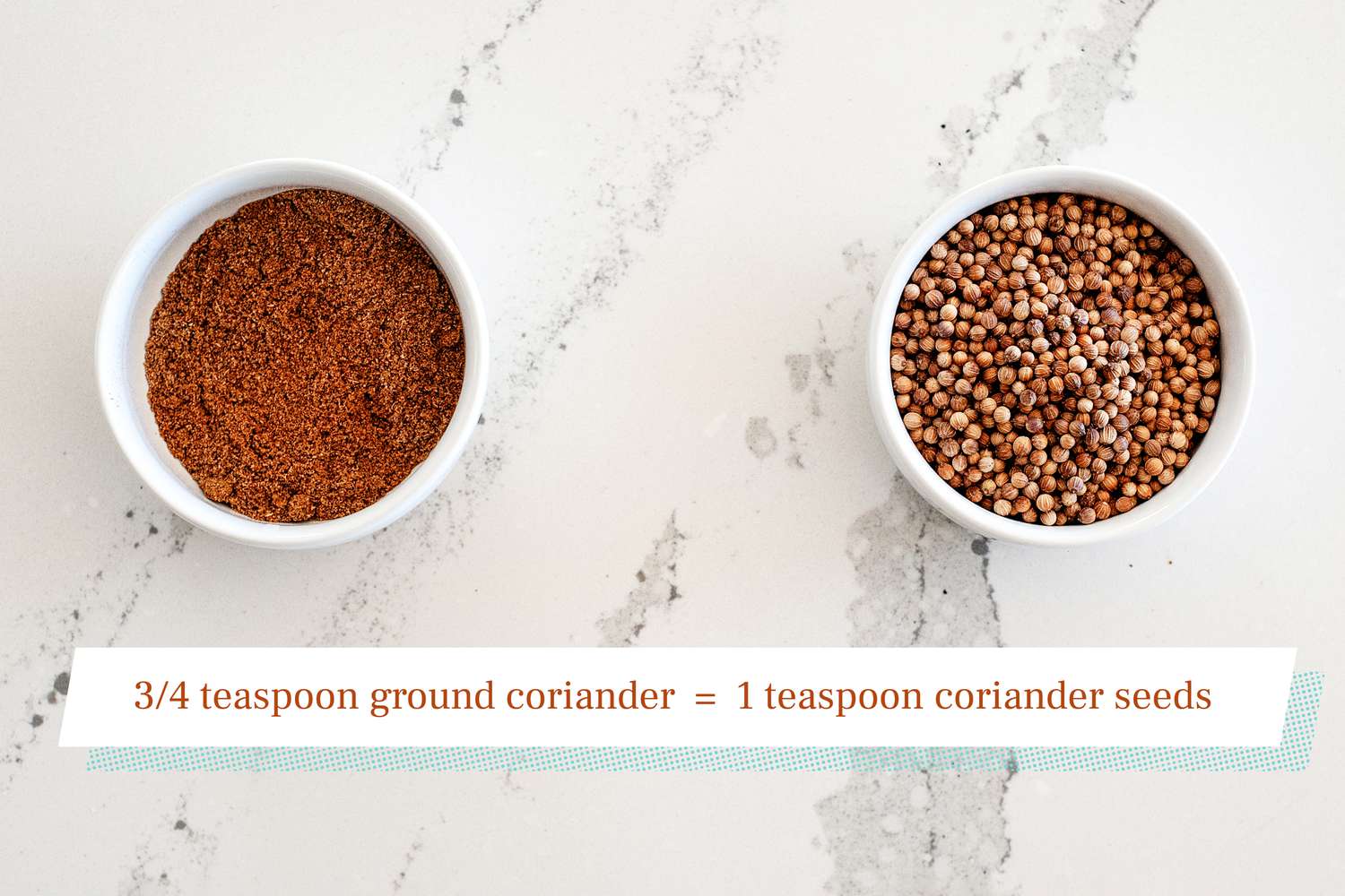 Ramikens with ground coriander and whole coriander set next to each other.