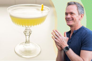 Neil Patrick Harris and a cocktail glass with a drink and garnish