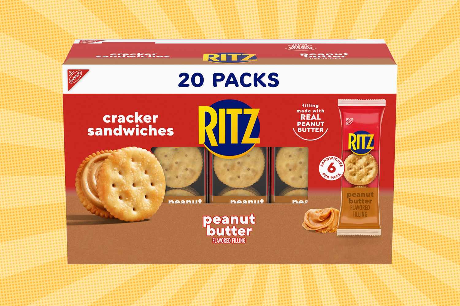 A box of Ritz peanut butter cracker sandwiches labeled for 20 packs on an orange patterned background