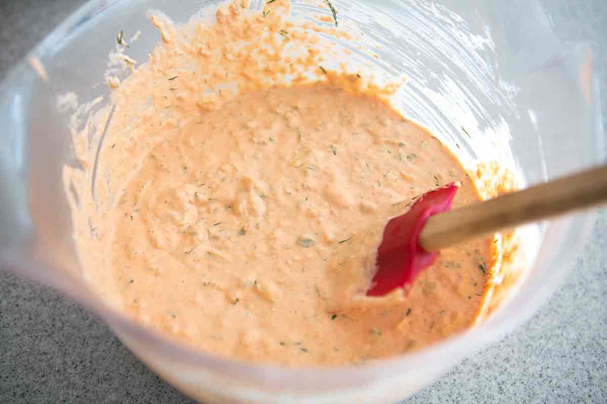 mix cream cheese base with salmon mousse ingredients