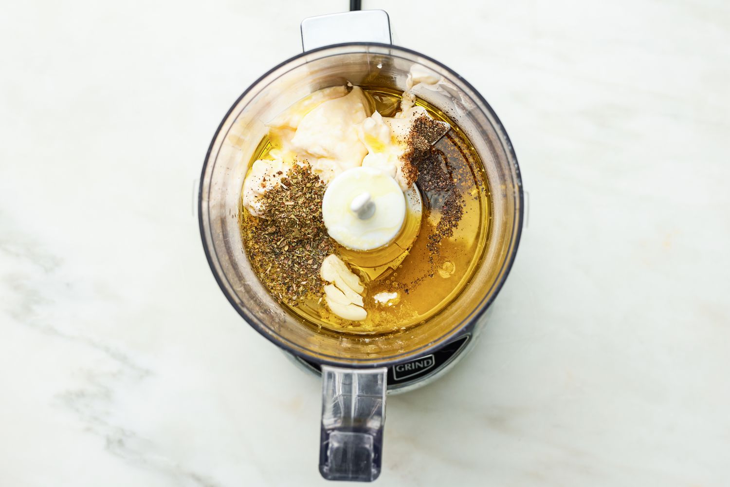 Salad Dressing Ingredients in a Food Processor for Homemade Olive Garden Salad 