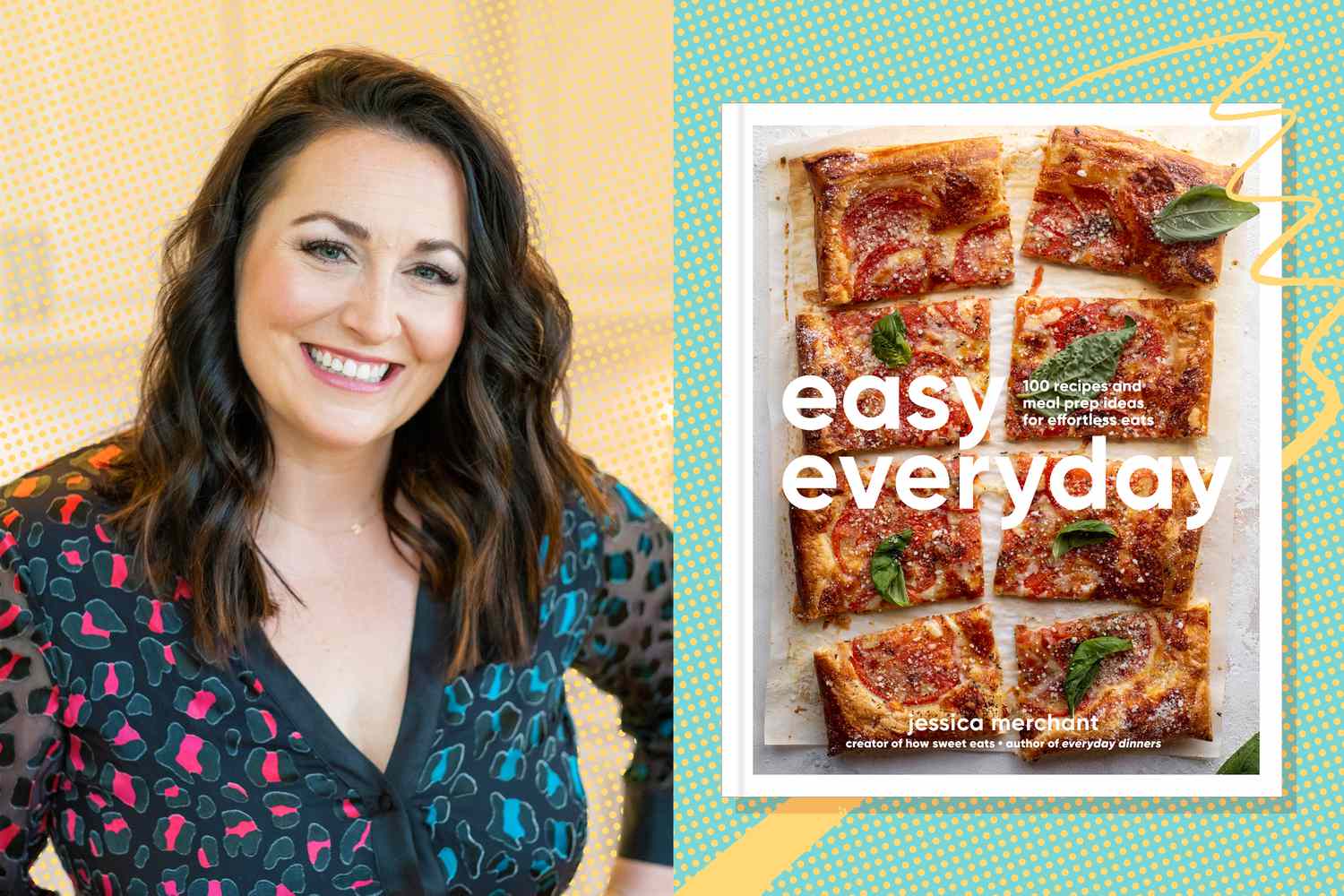 A woman alongside the cover of the cookbook titled 'easy everyday' by Jessica Merchant