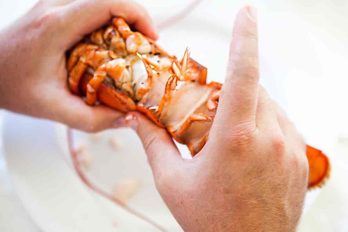 Hands grasping the lobster tail with one hand and the body with another
