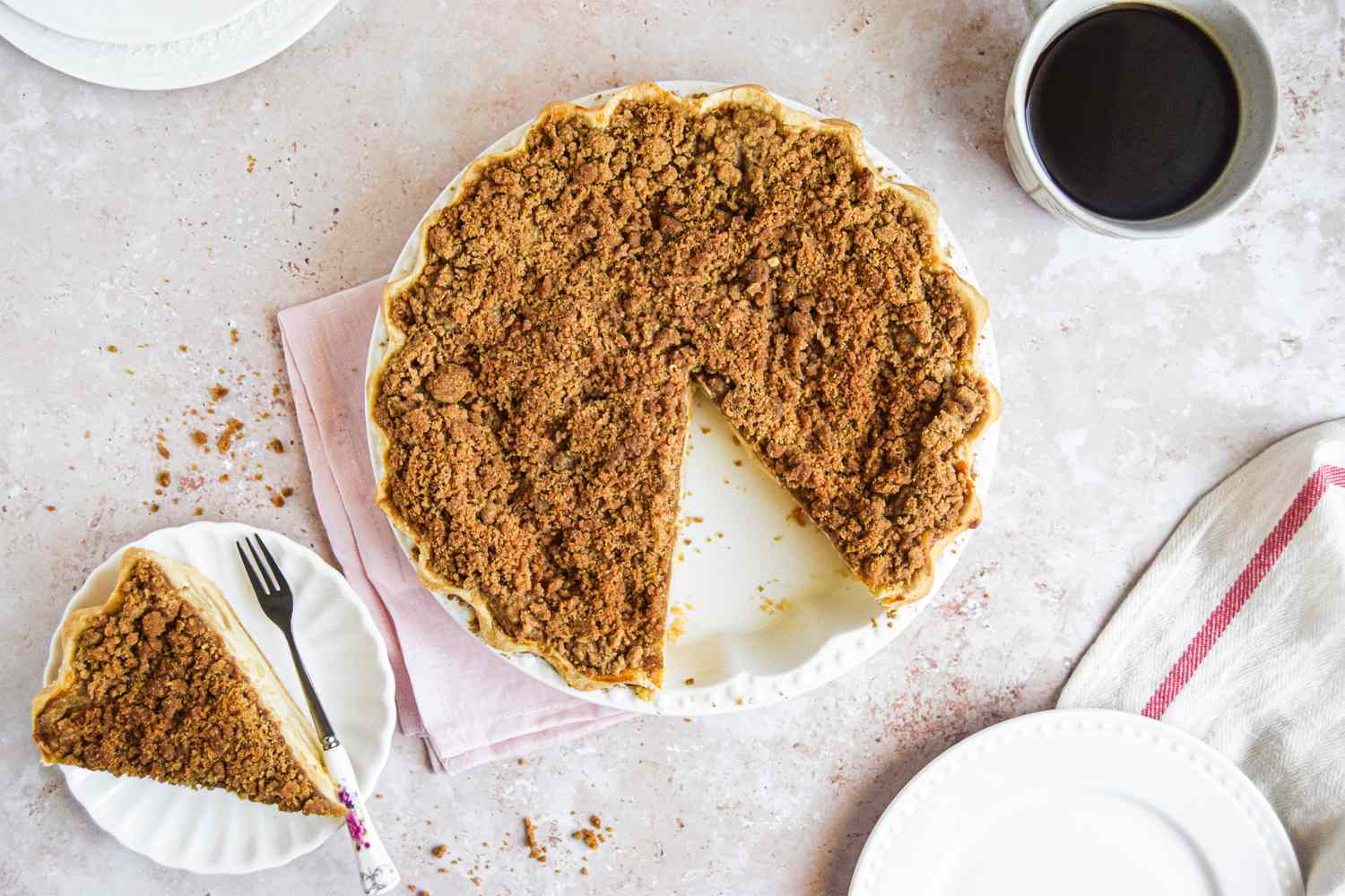 Sour Cream Apple Pie Recipe Surrounded by Portion Size on Plate and Coffee 