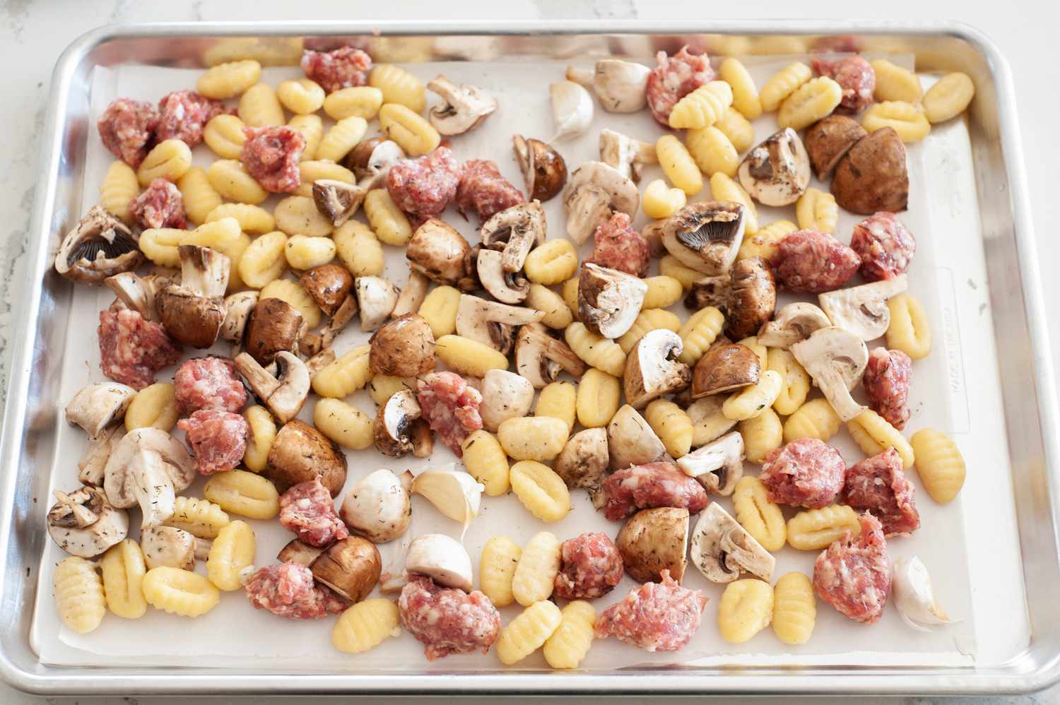 Sausage, Mushroom, and Gnocchi on Sheet Pan (Not Baked)