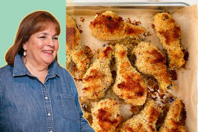 A split image of Ina Garten and baked crispy chicken thighs