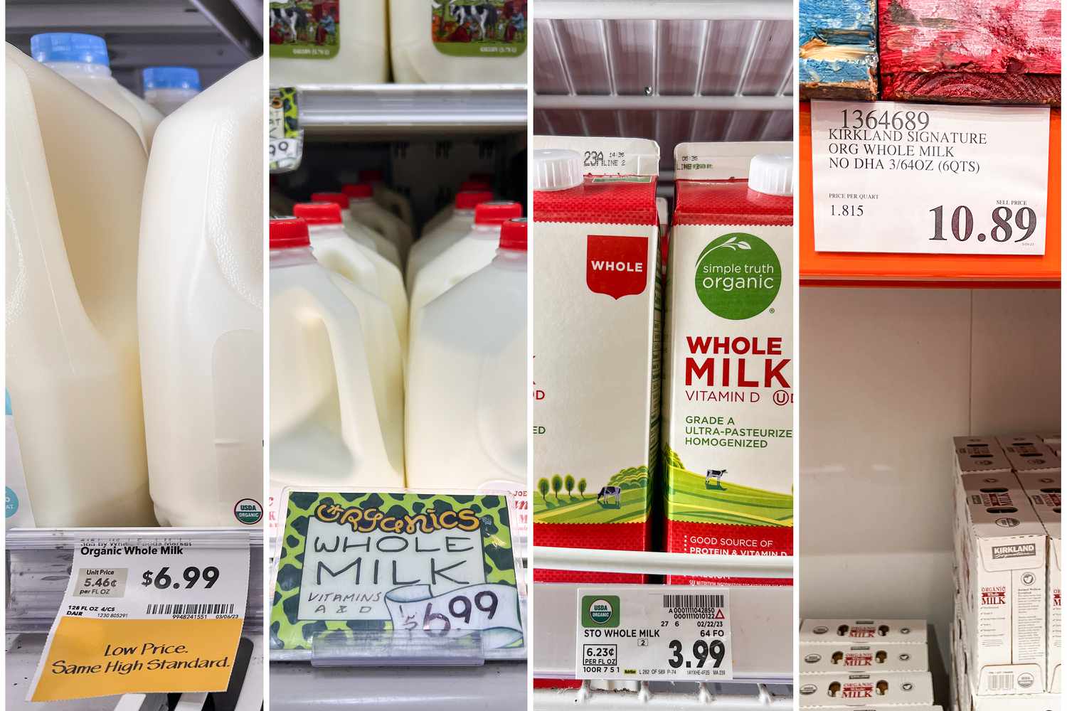 Organic whole milk prices at 4 stores