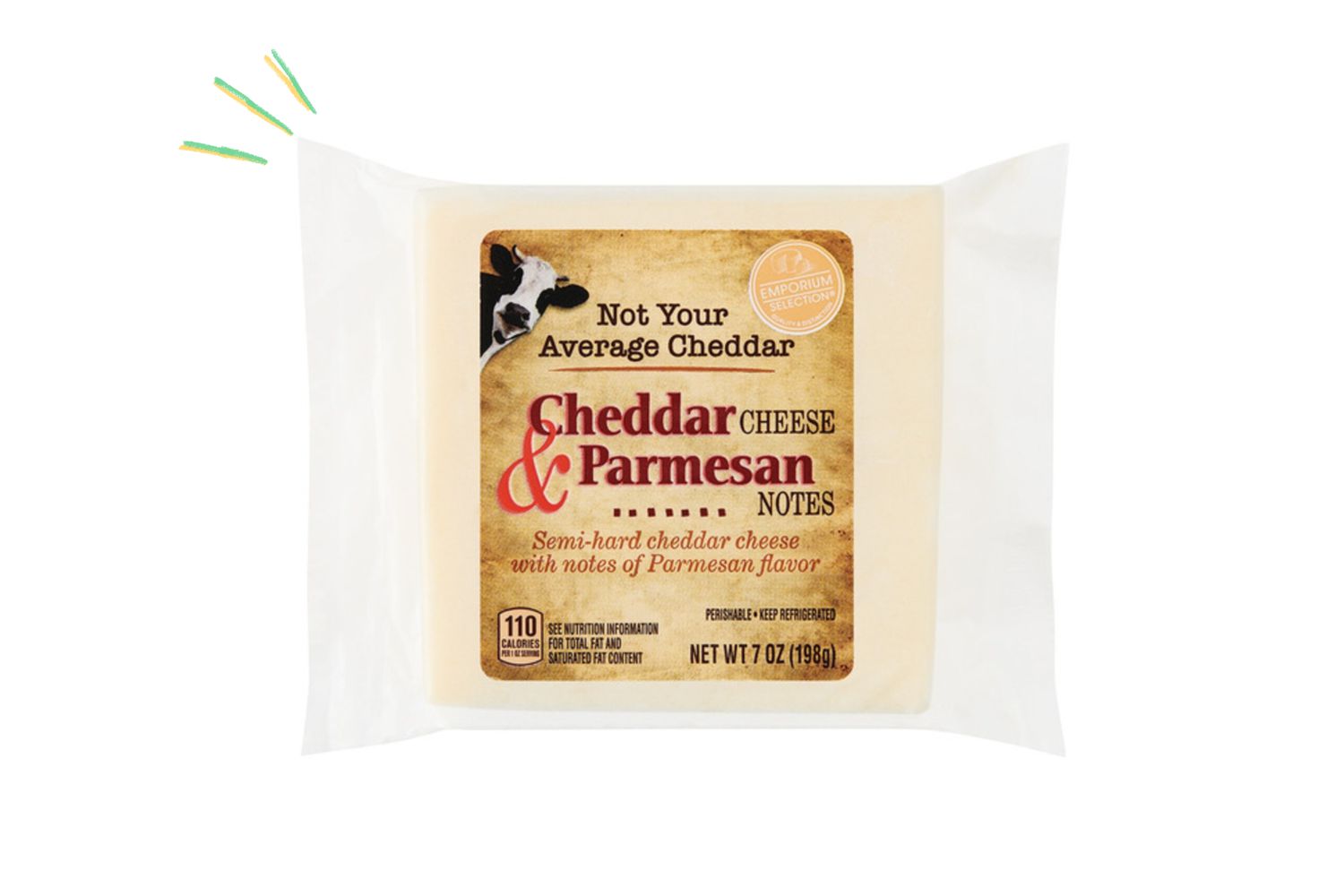 Front view of a package of Not Your Average Cheddar's Cheddar and Parmesan Cheese from Aldi on a white background