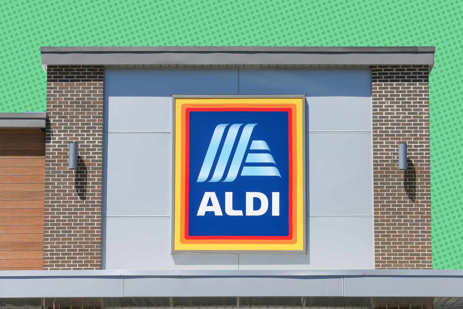 Aldi store-front with a green polka-dotted background 