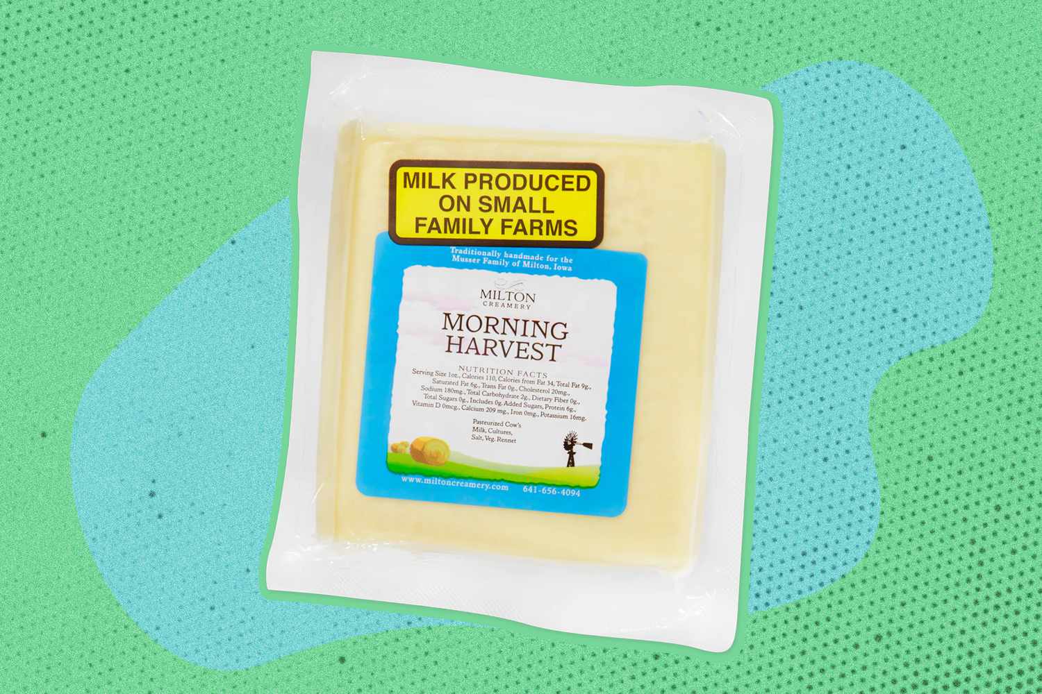 A package of Milton Creamery Morning Harvest cheese on a textured background