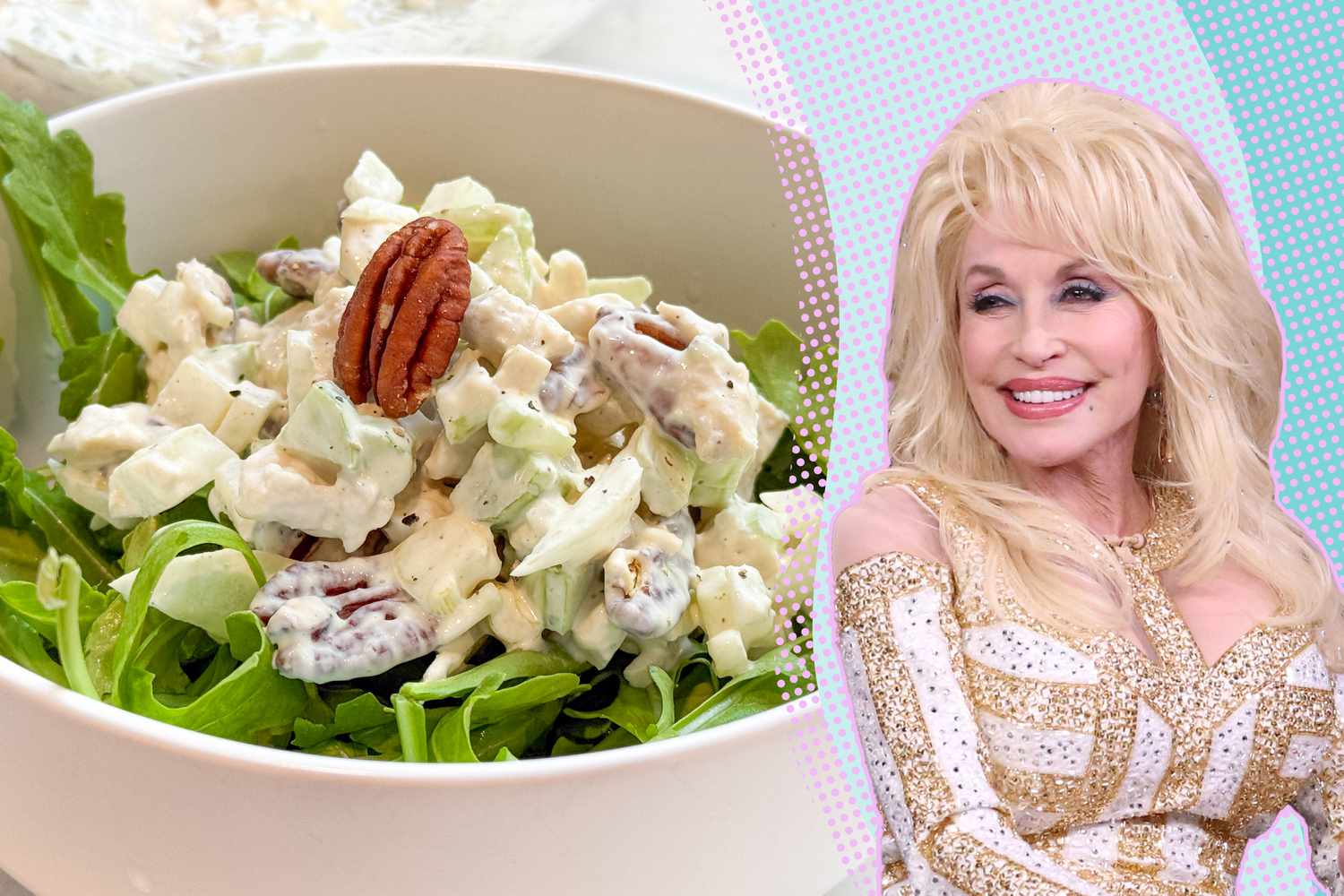 Dolly Parton next to a photo of chicken salad in a bowl garnished with a pecan