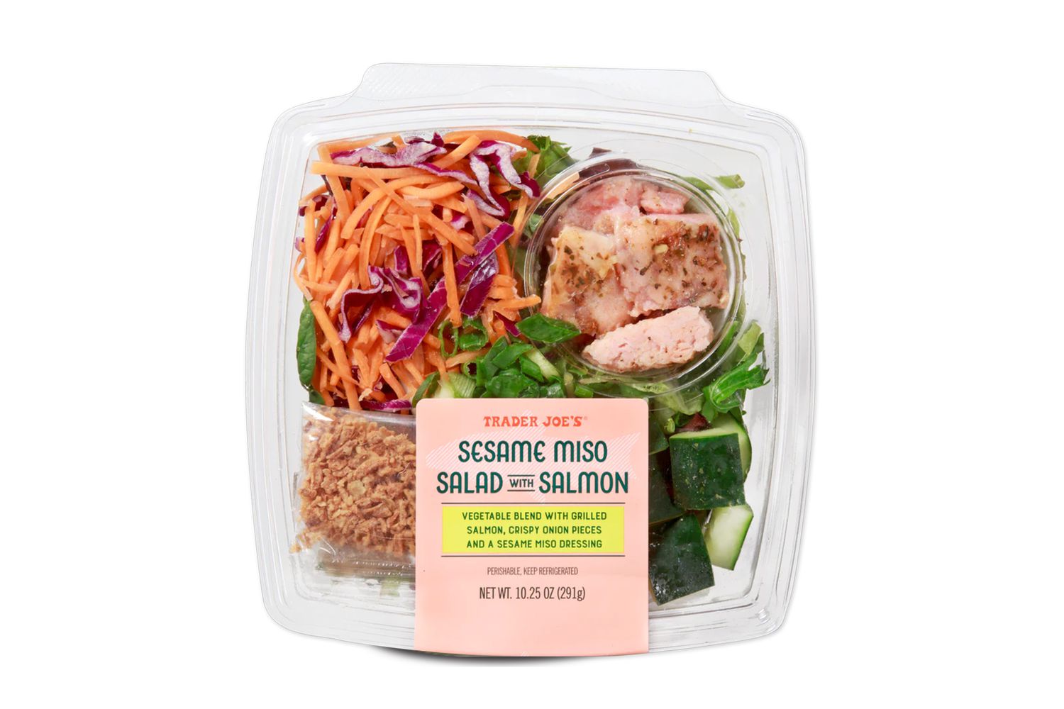 Prepared sesame miso salad with salmon in a plastic container