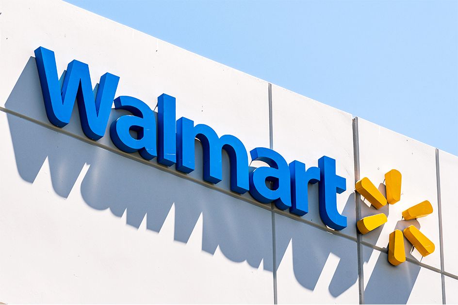 Walmart sign on a building featuring the logo and name