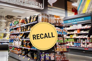 A grocery store aisle with a large recall sign overlaid