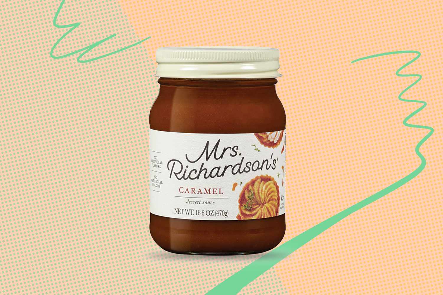 A jar of Mrs Richardsons caramel dessert sauce displayed against a patterned background