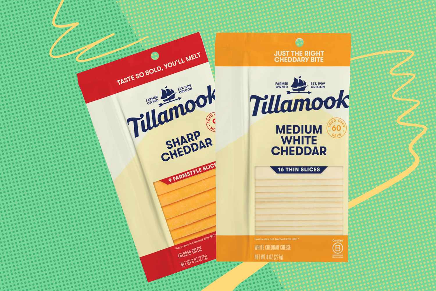 A photo illustration of two packages of Tillamook cheddar slices: sharp cheddar and medium white cheddar