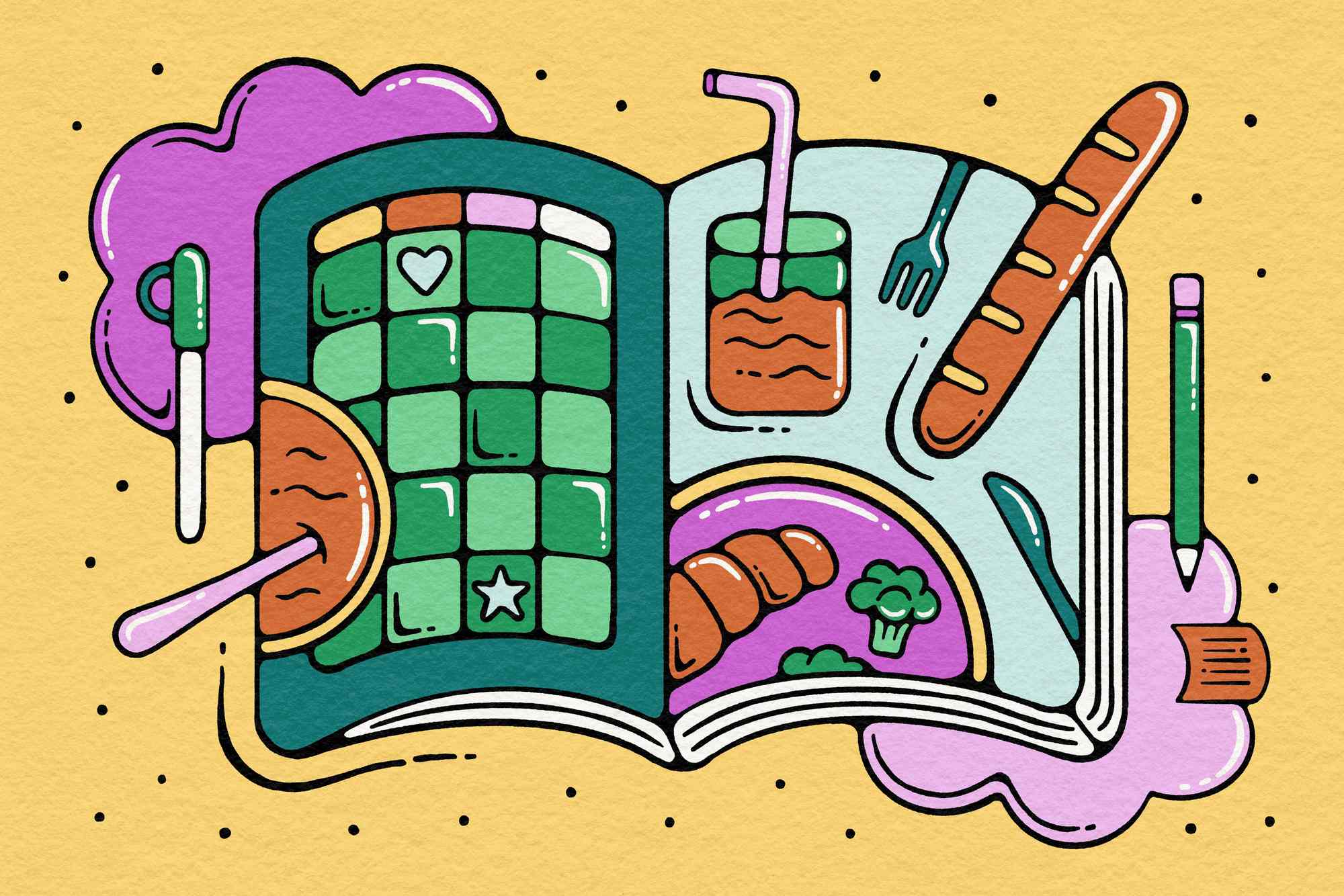 Illustrated open recipe or planning book with various foods and objects depicted