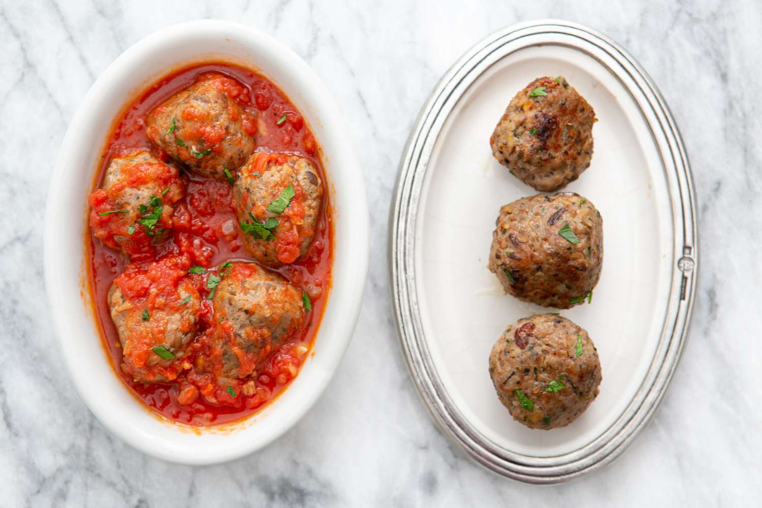 Turkey Meatballs in Tomato Sauce in a White Dish on the Left, and on the Right, a White Plate With Turkey Meatballs