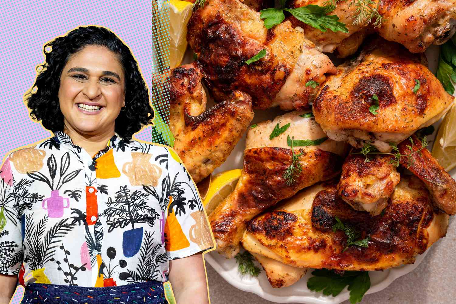 Headshot of Samin Nosrat wearing a colorful shirt next to a plate of well-browned chicken pieces