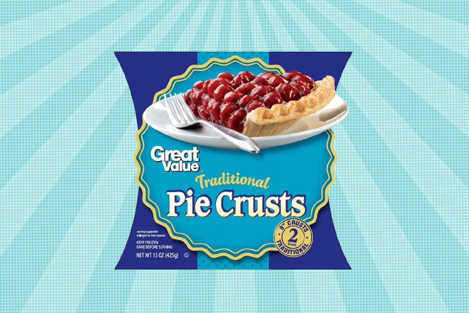Packaging for Great Value Traditional Pie Crusts with an image of a cherry pie slice