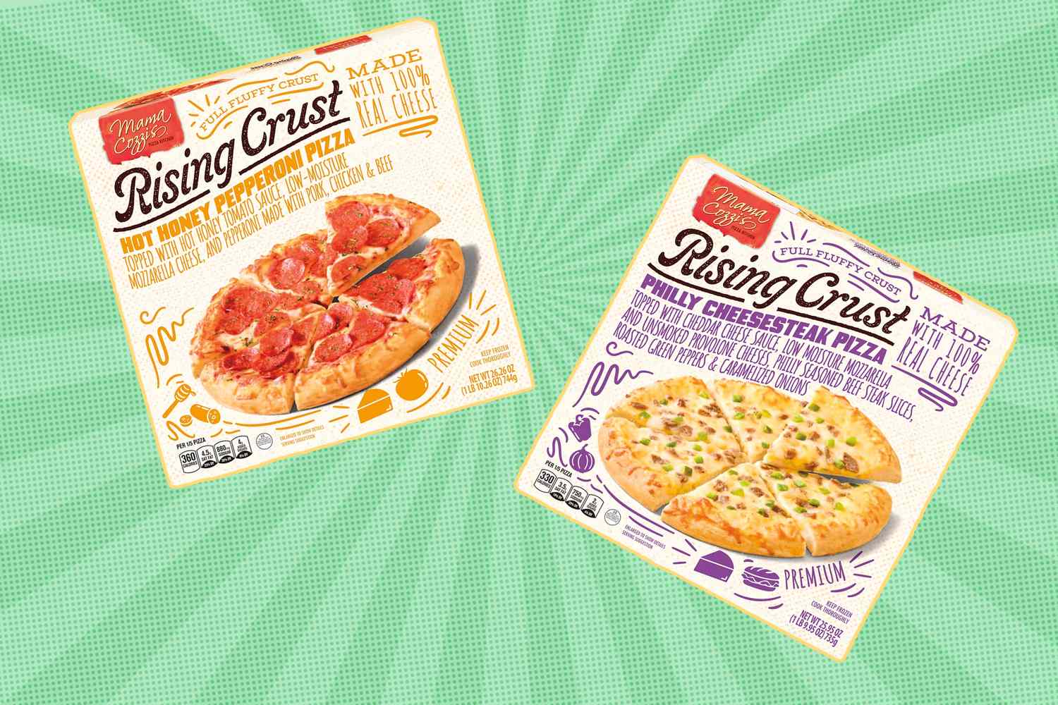 Two packages of Mama Cozzi's rising crust pizza, pepperoni and Philly cheesesteak varieties, on a green background