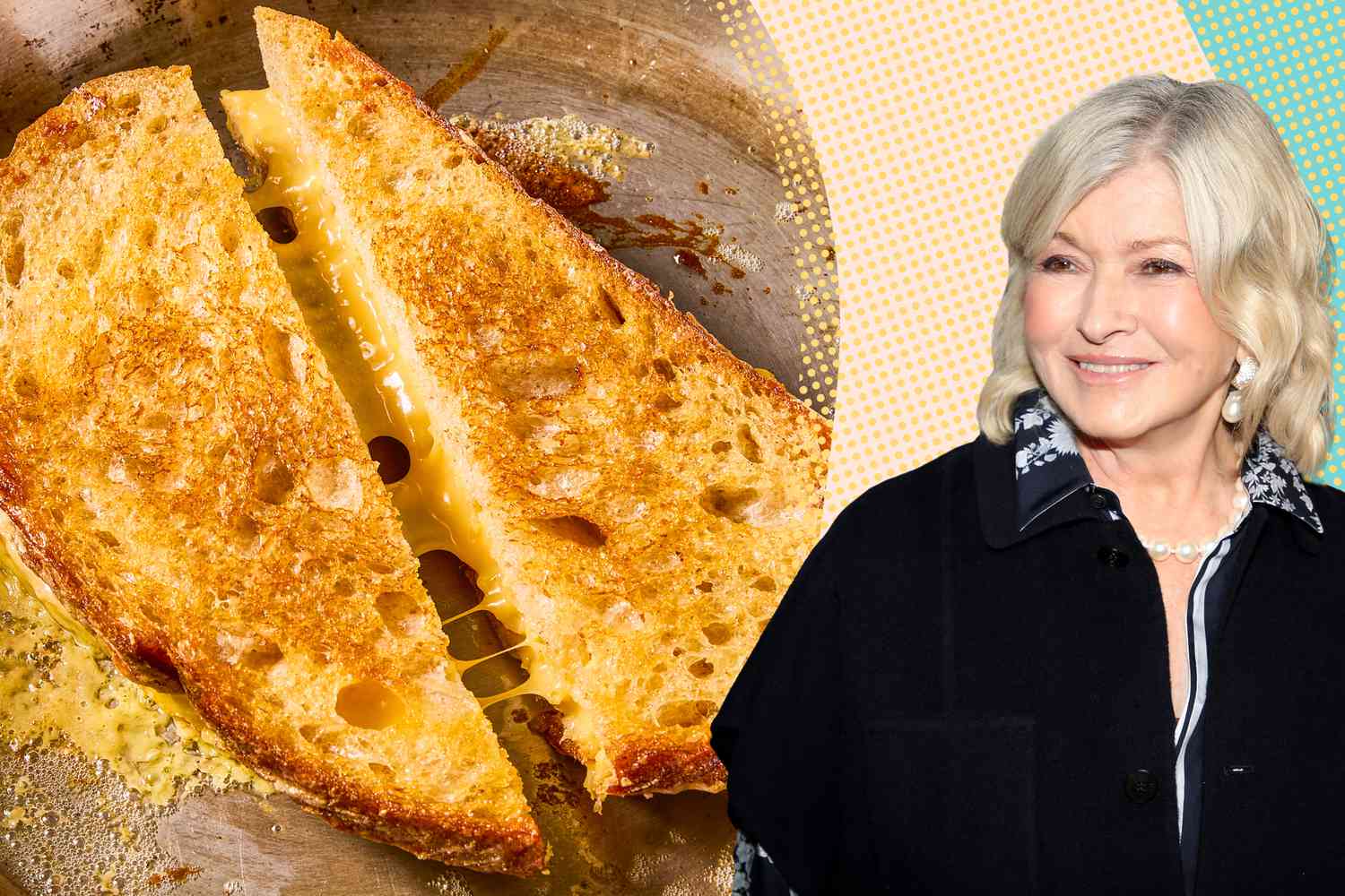 Martha Stewart next to a grilled cheese sandwich in a skillet