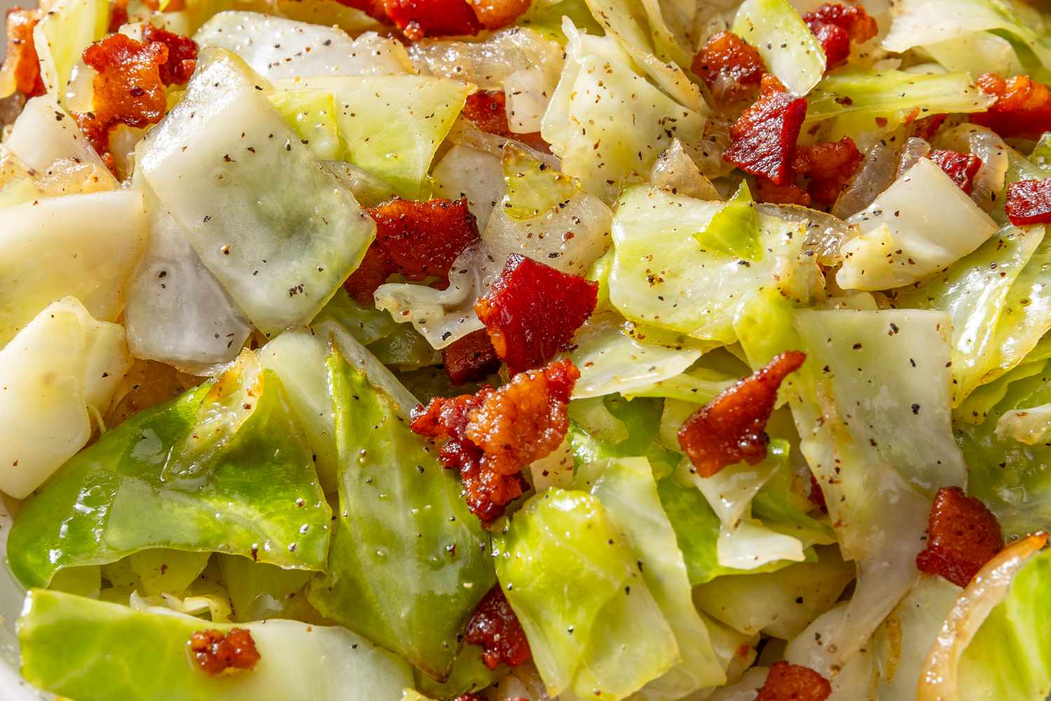 overhead view of a close-up of Southern “Fried” Cabbage