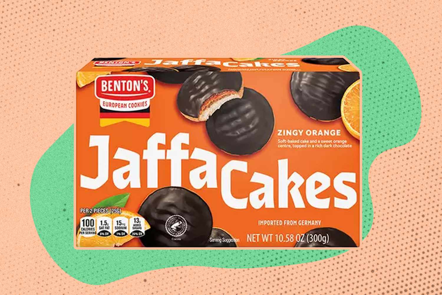 Package of Benton's Jaffa Cakes, orange and chocolate flavor, shown on a colored background