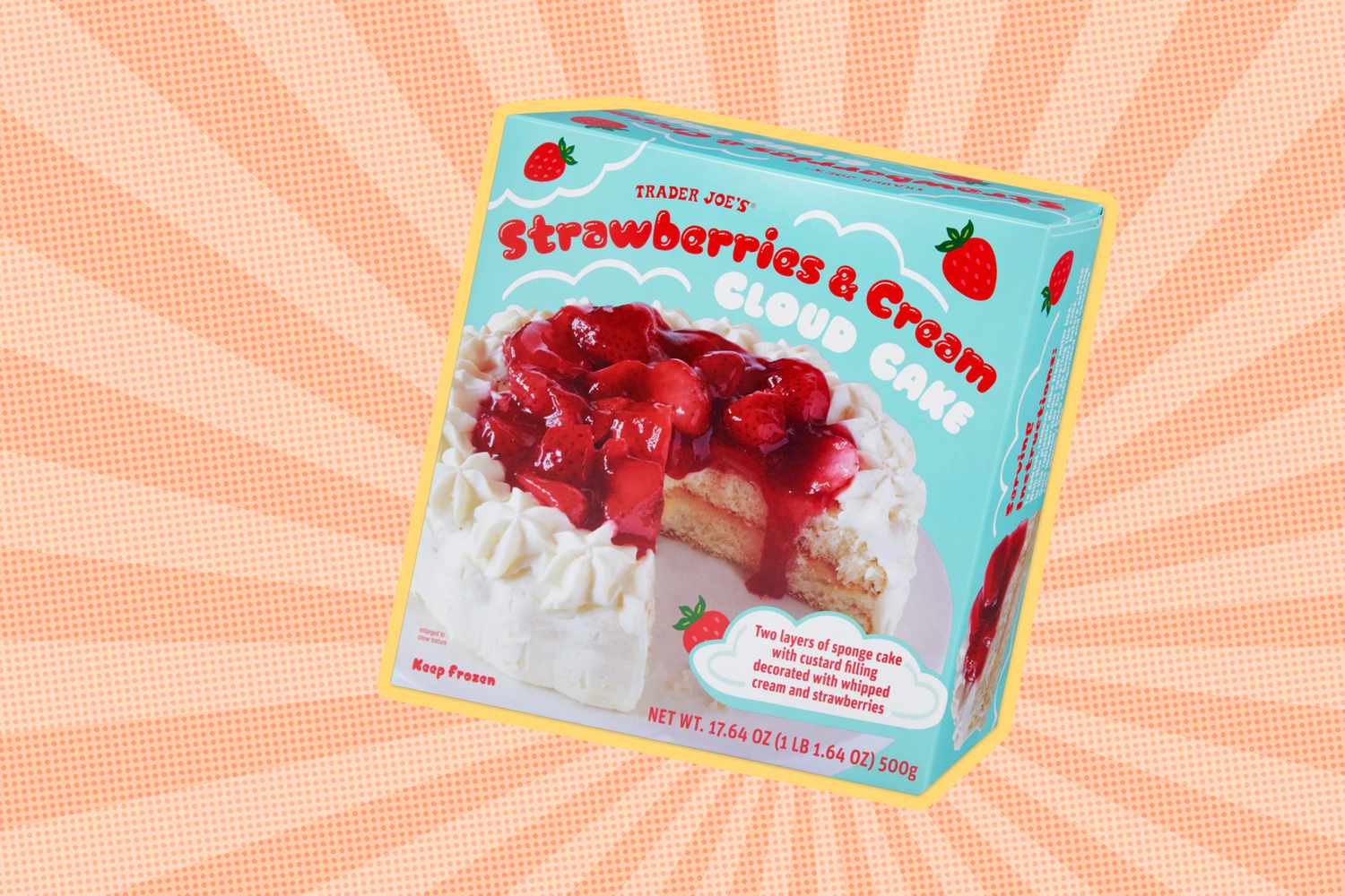 Box of Trader Joes Strawberries and Cream Cloud Cake showing cake layers with cream and strawberry topping