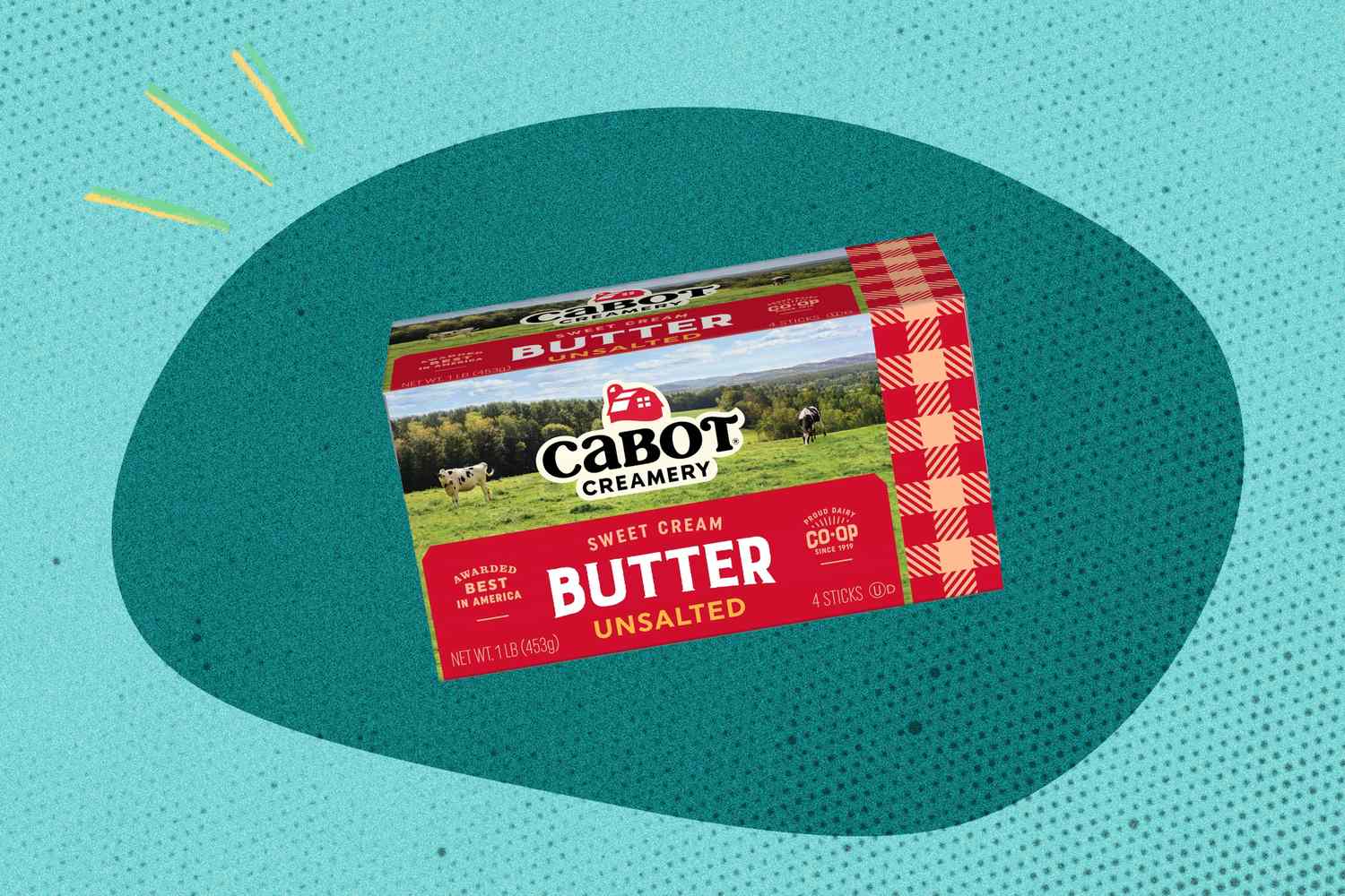 Cabot Creamery unsalted butter packaging on a teal background