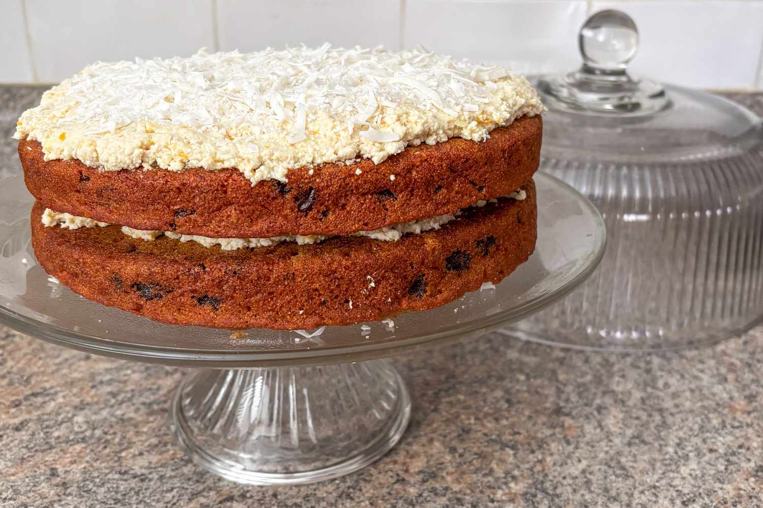 Julie Andrews' Carrot Cake on a glass cake stand