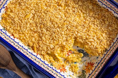 Southern squash casserole in a casserole dish (a serving size already served) 