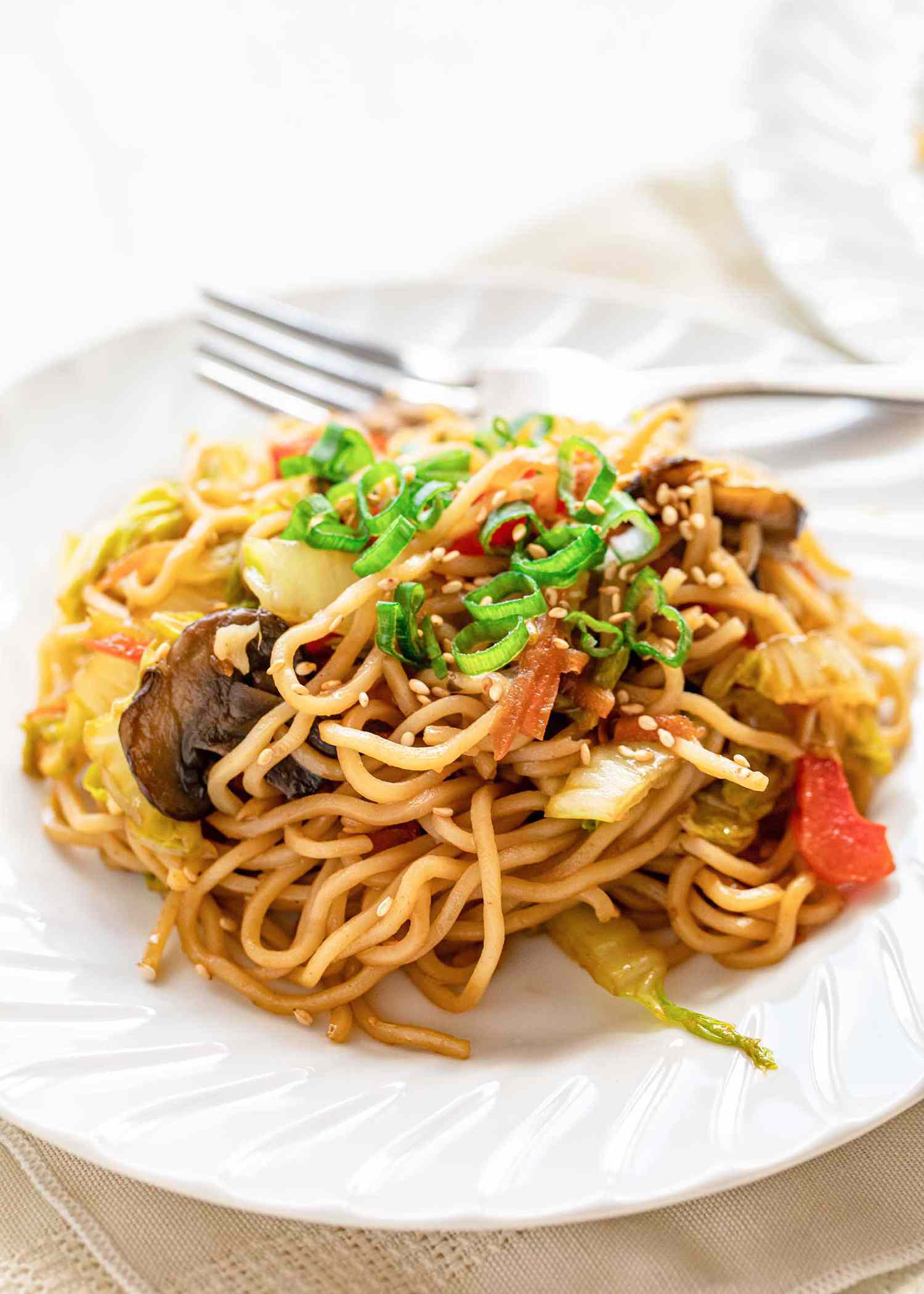Plate of vegetable lo mein with garnish and a fork