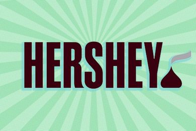 Hersheys logo with stylized chocolate drop against a radial background