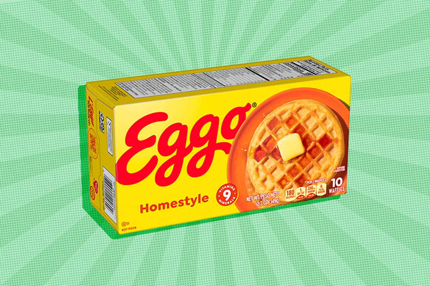 box of Eggo Homestyle waffles against a graphic background