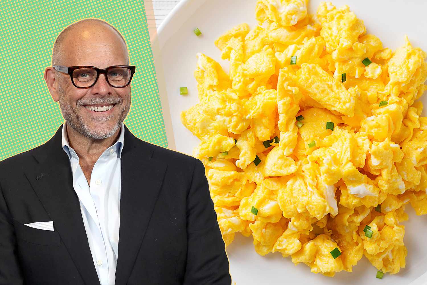 portrait of Alton Brown and a plate of scrambled eggs