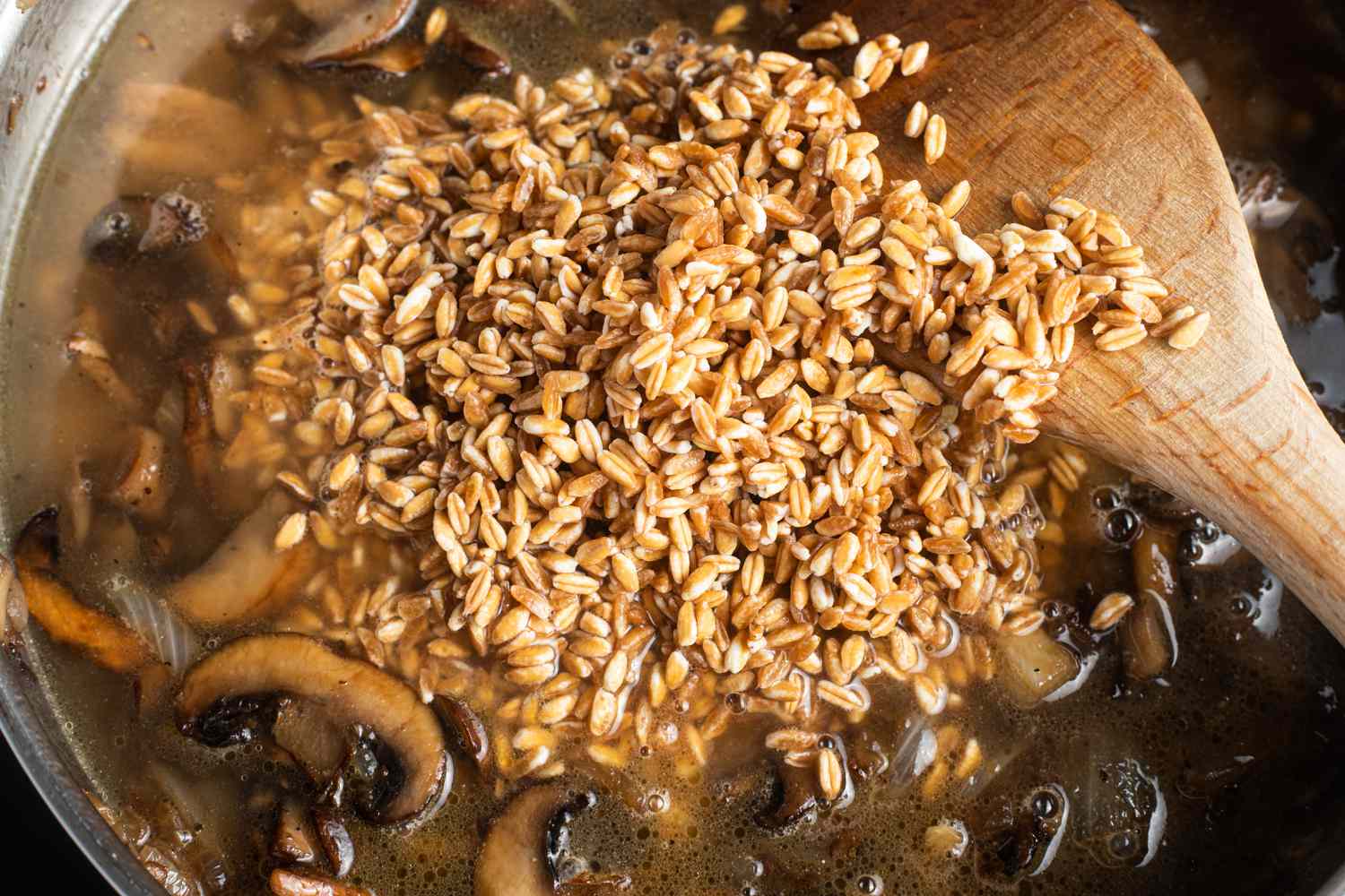 Farro Added to Mushroom in a Skillet